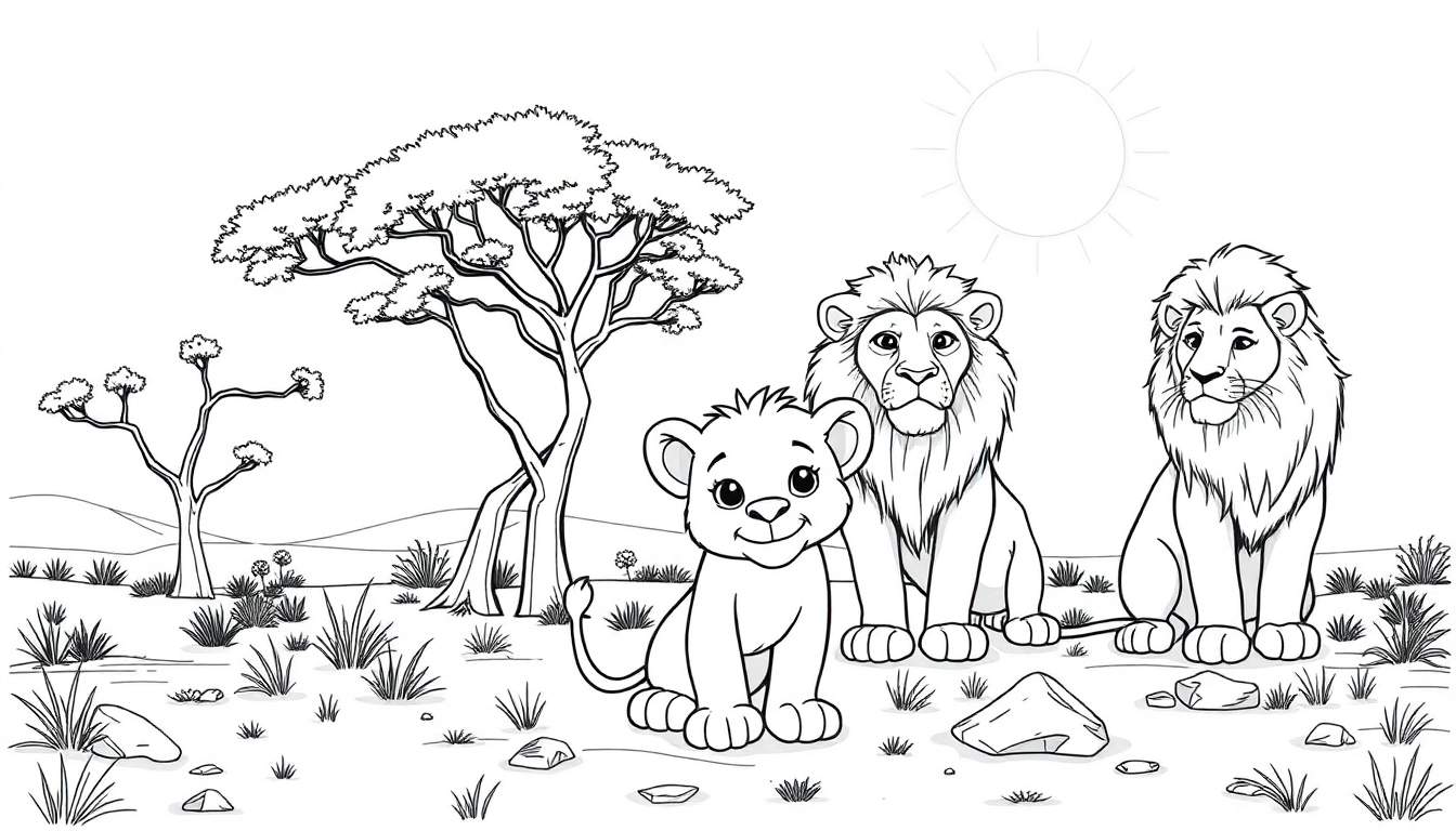 Un color panel de dessin animé d'un lionceau avec ses parents dans la savane africaine.
