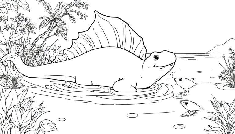 Un dessin au trait d'un spinosaure avec une voile dans un environnement marécageux pour un color panel.