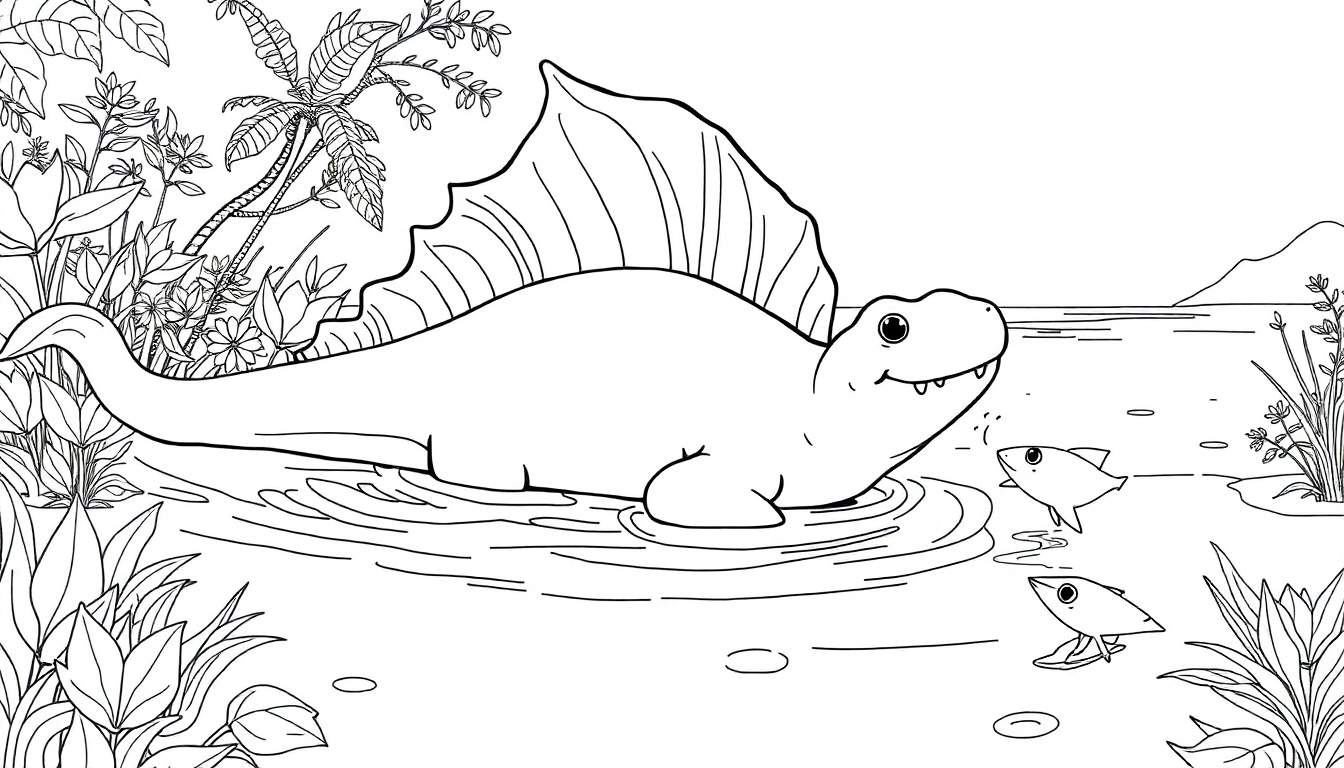 Un dessin au trait d'un spinosaure avec une voile dans un environnement marécageux pour un color panel.