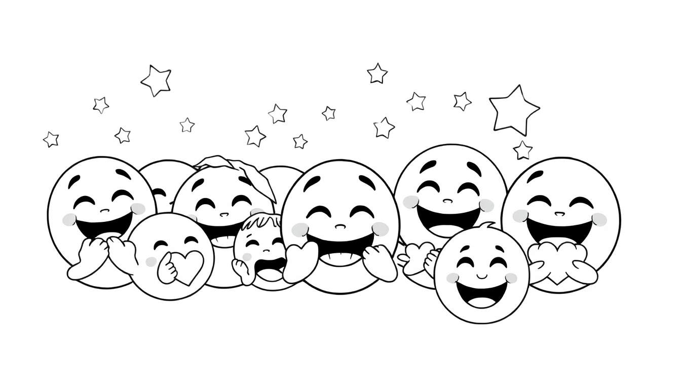 Un groupe d'émojis joyeux et souriants entourés d'étoiles, sur un color panel.