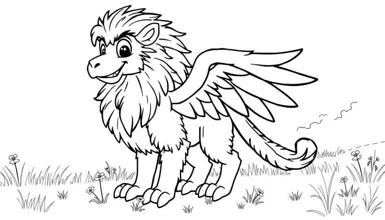 Dessin au trait d'un griffon souriant dans un champ, prêt à être colorié.