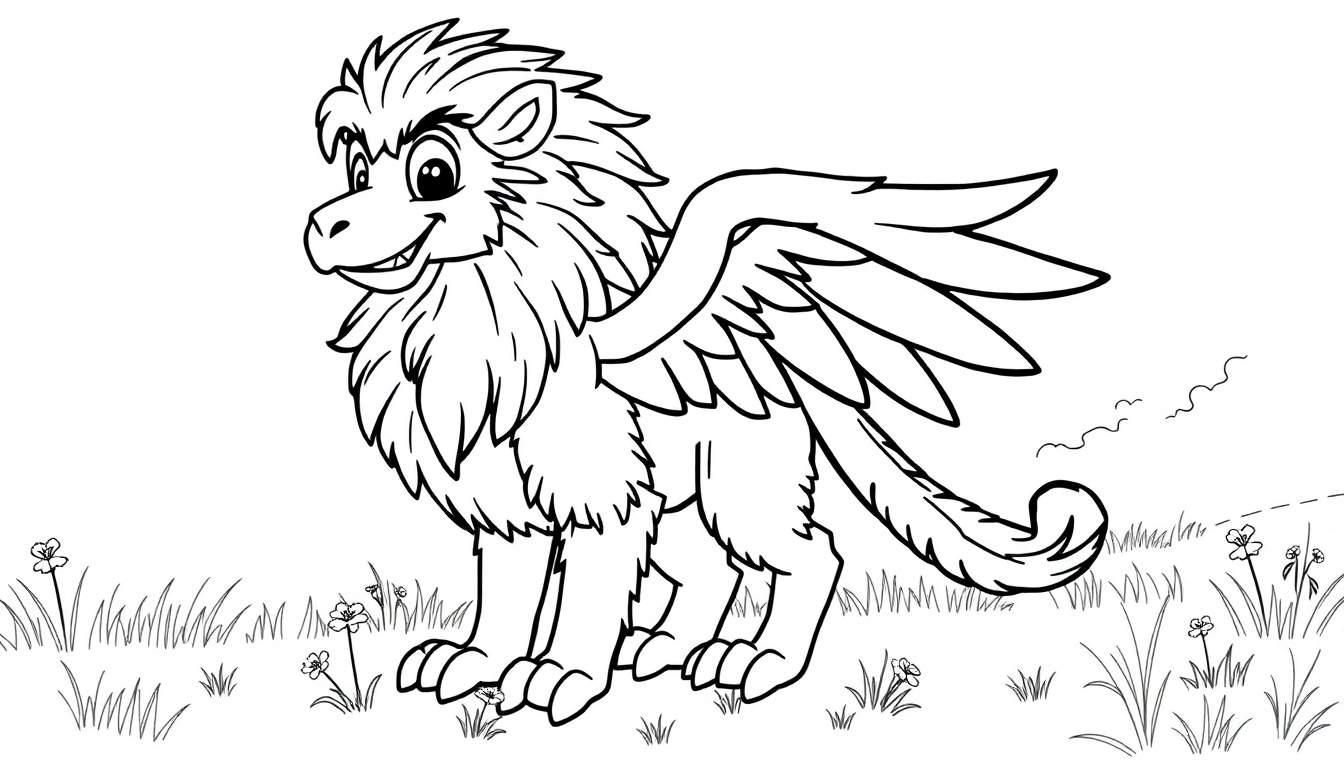 Dessin au trait d'un griffon souriant dans un champ, prêt à être colorié.