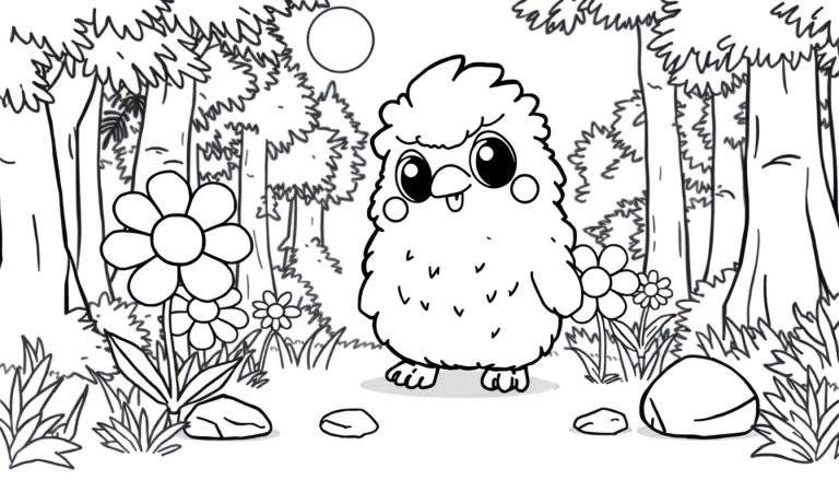 Un dessin au trait noir et blanc d'une créature ressemblant à un oiseau poilu et adorable, tenant une fleur, dans une forêt. Idéal pour un color panel.