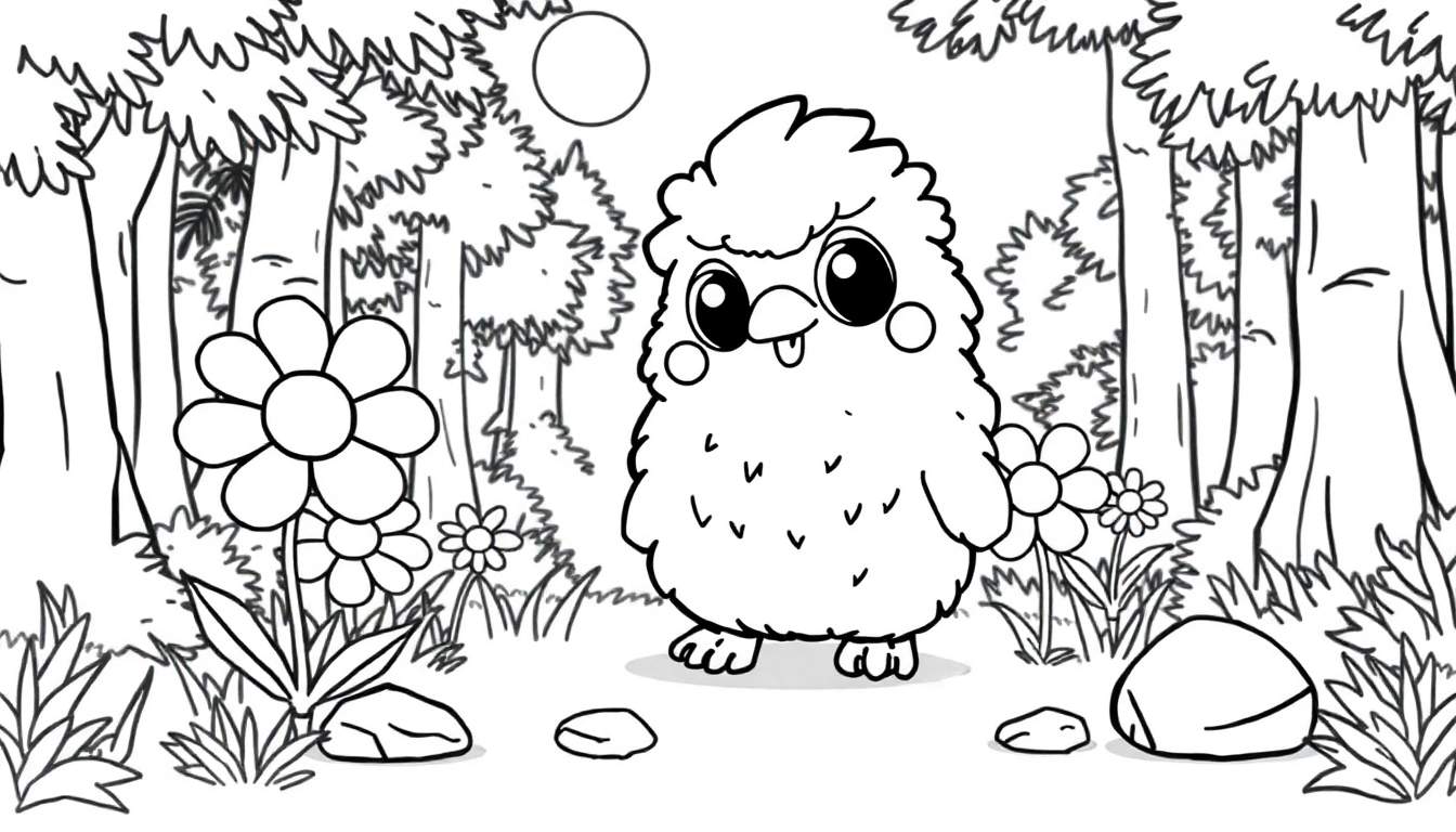 Un dessin au trait noir et blanc d'une créature ressemblant à un oiseau poilu et adorable, tenant une fleur, dans une forêt. Idéal pour un color panel.