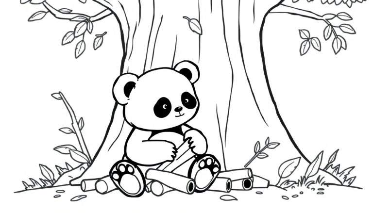Color panel : Panda assis devant un arbre, prêt à être colorié.