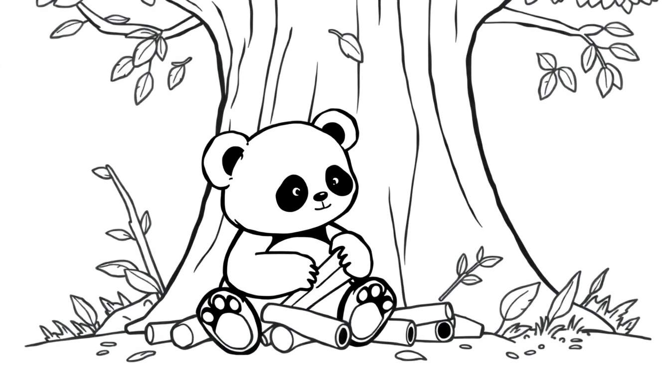 Color panel : Panda assis devant un arbre, prêt à être colorié.