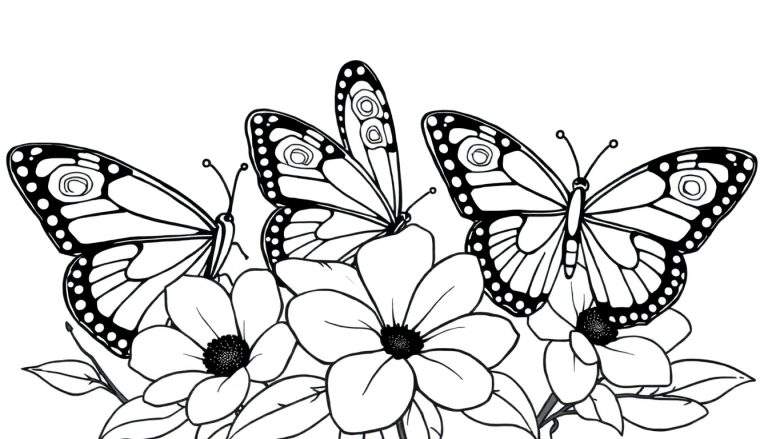 Un color panel avec trois papillons dessinés au trait sur des fleurs.