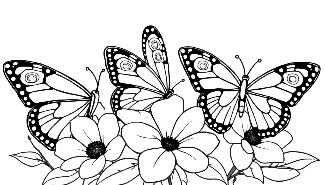 Un color panel avec trois papillons dessinés au trait sur des fleurs.