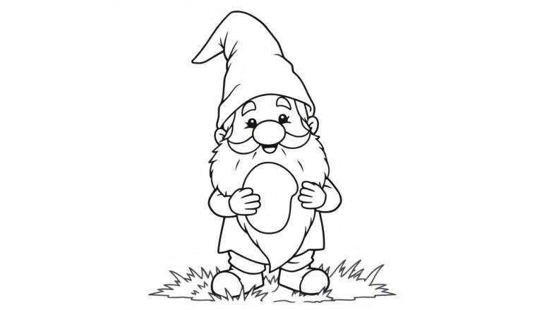 Dessin en noir et blanc d'un gnome de jardin amical, prêt pour le color panel.