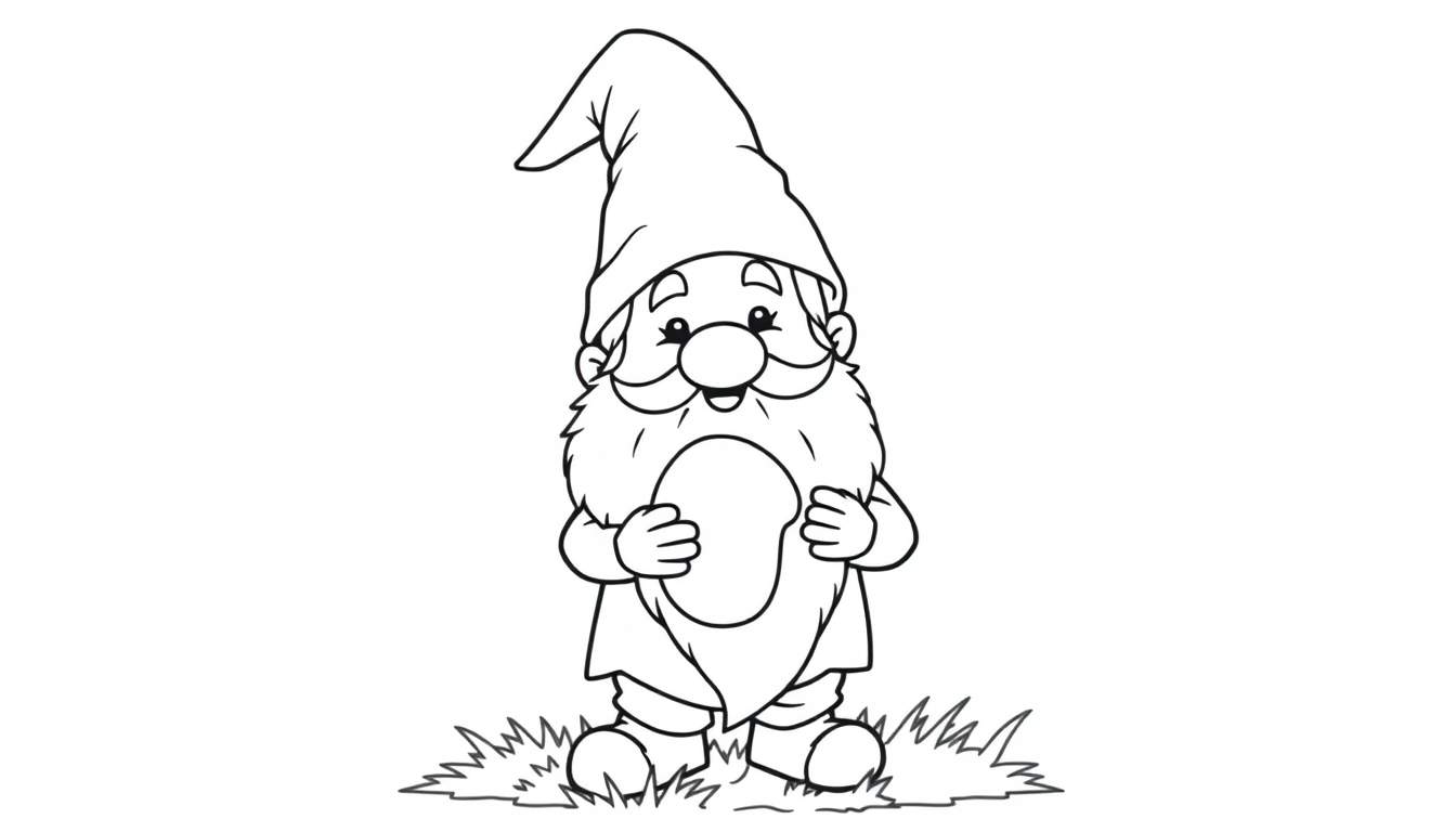 Dessin en noir et blanc d'un gnome de jardin amical, prêt pour le color panel.