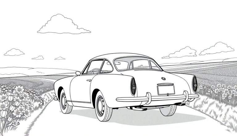 Voiture de sport classique Alfa Romeo sur route de campagne, illustration noir et blanc, color panel