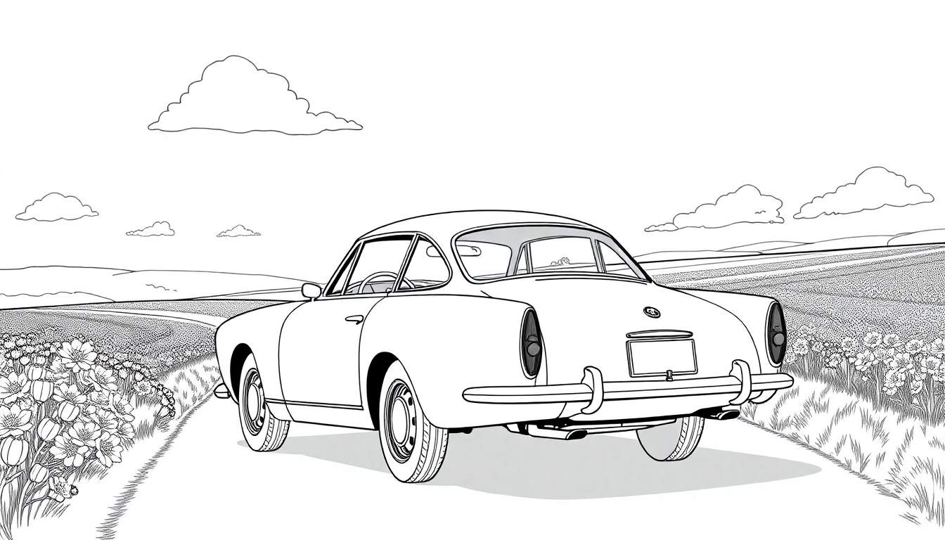 Voiture de sport classique Alfa Romeo sur route de campagne, illustration noir et blanc, color panel