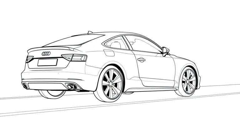 Dessin au trait d'une Audi A5 coupé vue de l'arrière, avec un design épuré, prête à être coloriée.
