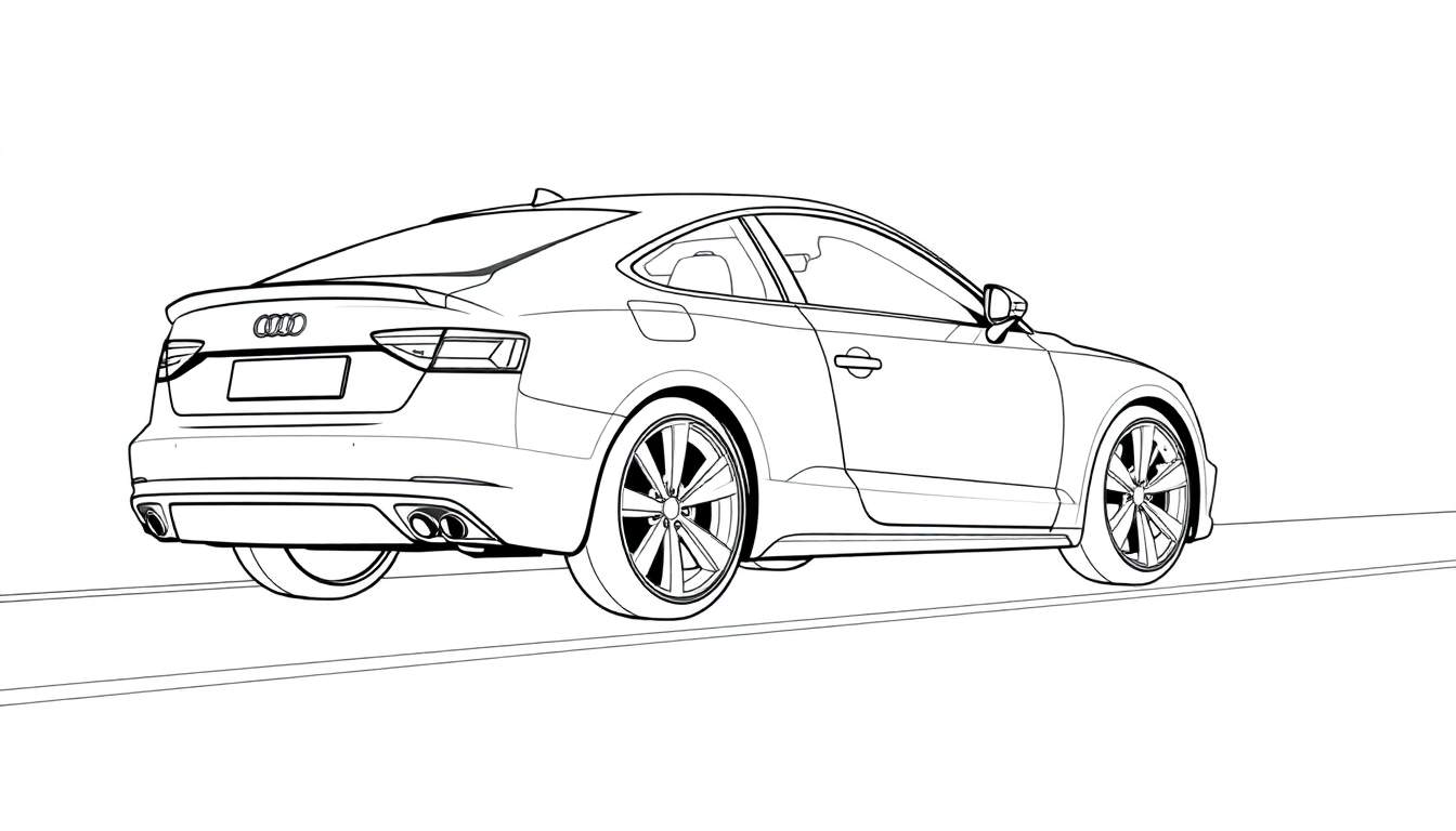 Dessin au trait d'une Audi A5 coupé vue de l'arrière, avec un design épuré, prête à être coloriée.