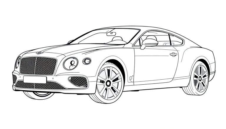 Dessin au trait d'une Bentley Continental GT de profil, prête à être coloriée, avec une section de color panel.