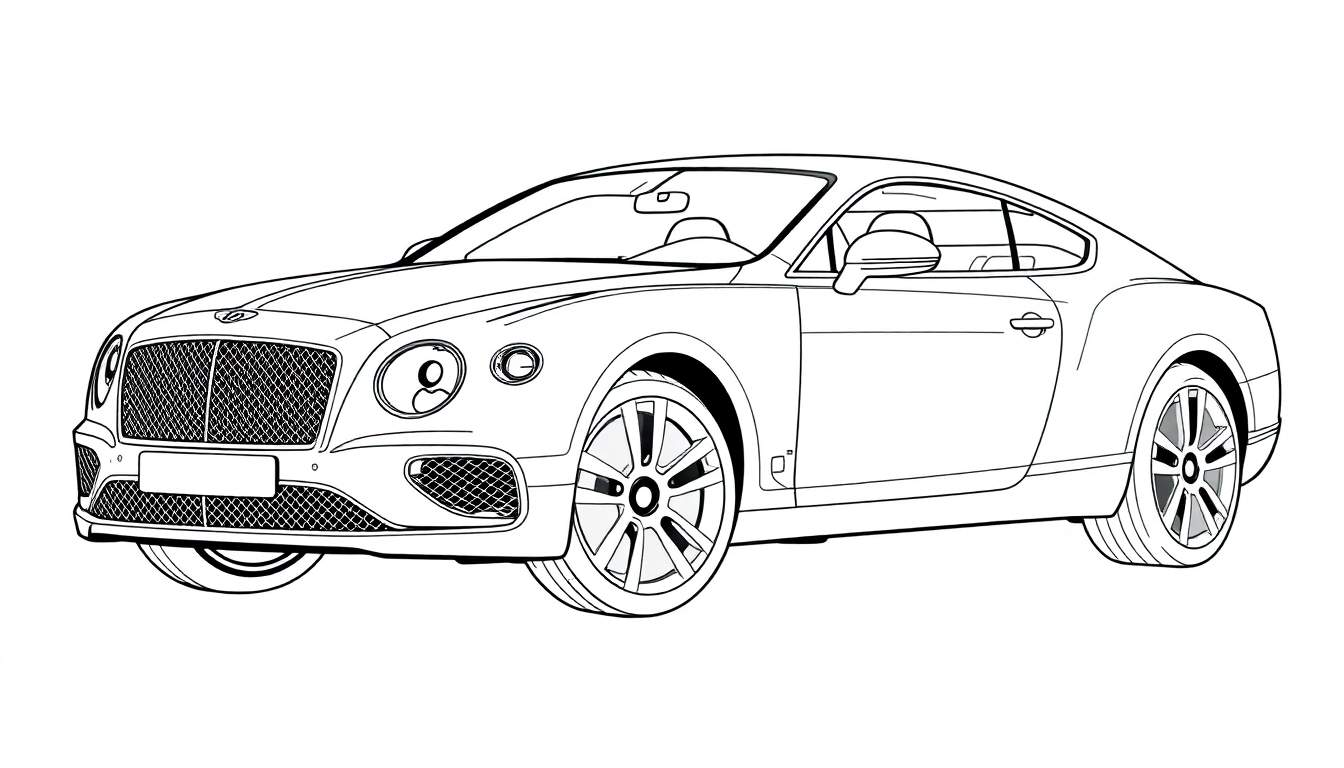 Dessin au trait d'une Bentley Continental GT de profil, prête à être coloriée, avec une section de color panel.