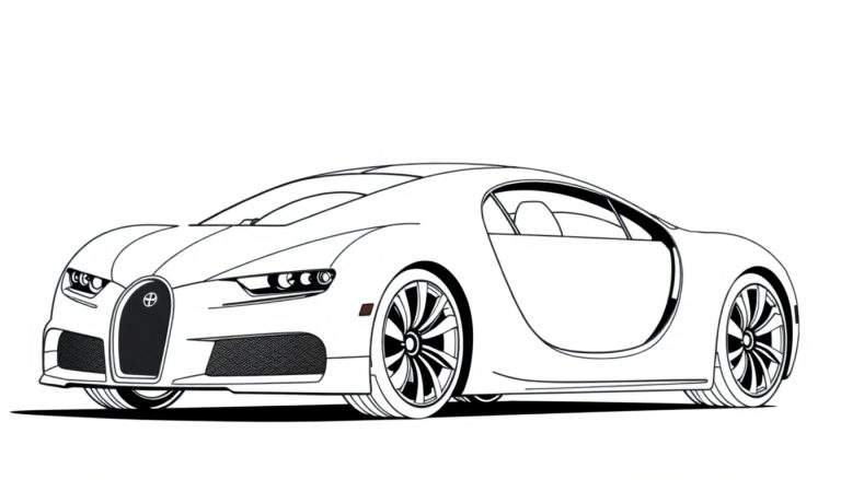 Illustration au trait d'une voiture de sport Bugatti en noir et blanc, prête à être coloriée.