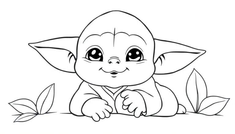Un dessin au trait de Bébé Yoda souriant, prêt à être colorié.