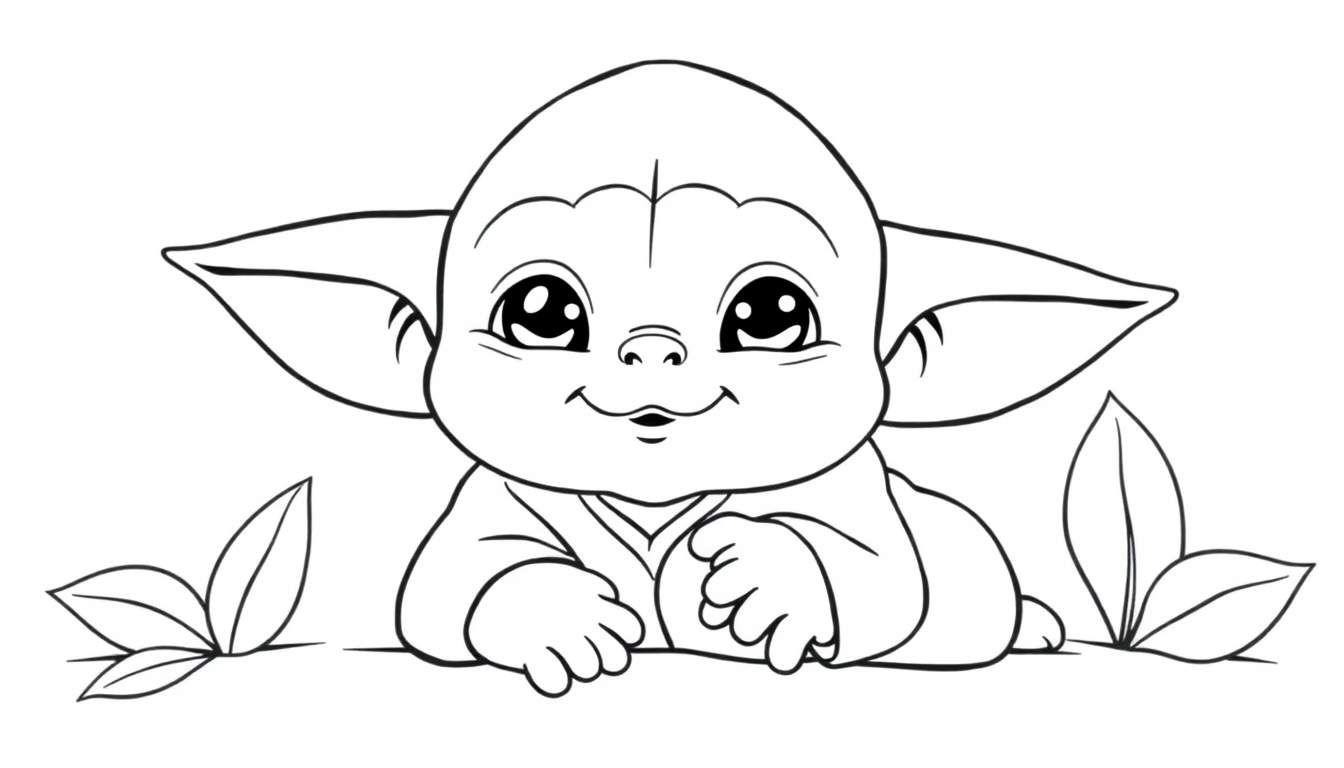 Un dessin au trait de Bébé Yoda souriant, prêt à être colorié.