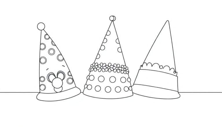 Trois chapeaux de fête colorés, parfaits pour une page de coloriage.