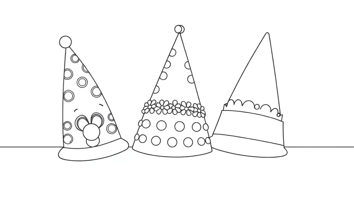 Trois chapeaux de fête colorés, parfaits pour une page de coloriage.