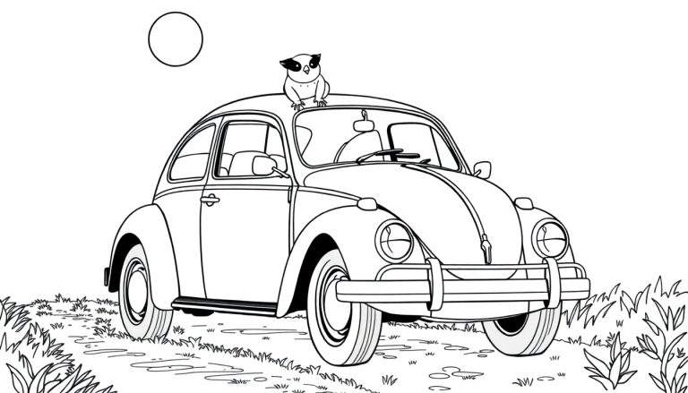 Dessin au trait d'une Coccinelle Volkswagen avec un hibou mignon sur le toit, sur un chemin herbeux.