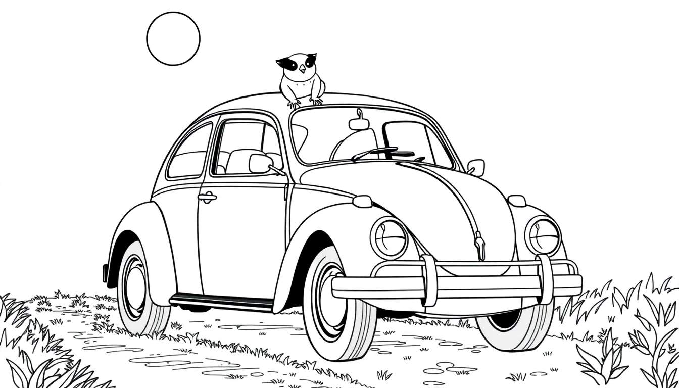 Dessin au trait d'une Coccinelle Volkswagen avec un hibou mignon sur le toit, sur un chemin herbeux.