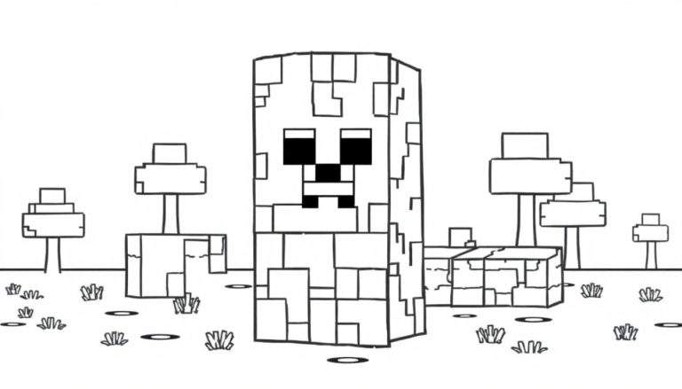 Un Creeper de Minecraft en dessin au trait noir et blanc sur un fond blanc.