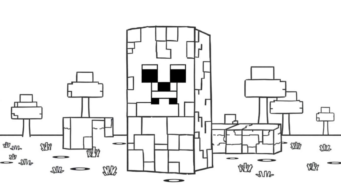 Un Creeper de Minecraft en dessin au trait noir et blanc sur un fond blanc.