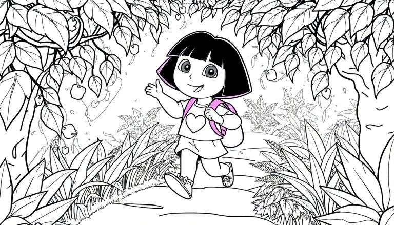 Dora l'exploratrice souriante, main levée, dans une forêt luxuriante prête pour un coloriage.