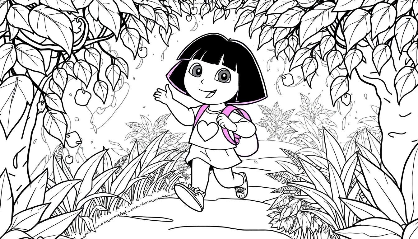 Dora l'exploratrice souriante, main levée, dans une forêt luxuriante prête pour un coloriage.