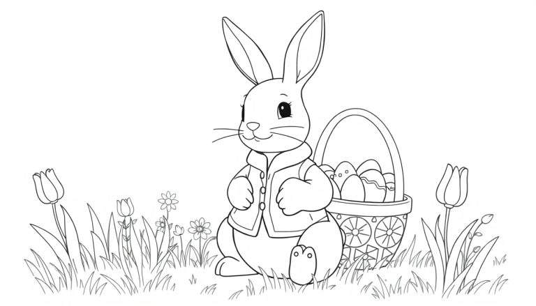 Un lapin de Pâques souriant avec un panier d'œufs décorés dans un champ de tulipes et de marguerites, prêt pour la coloration.