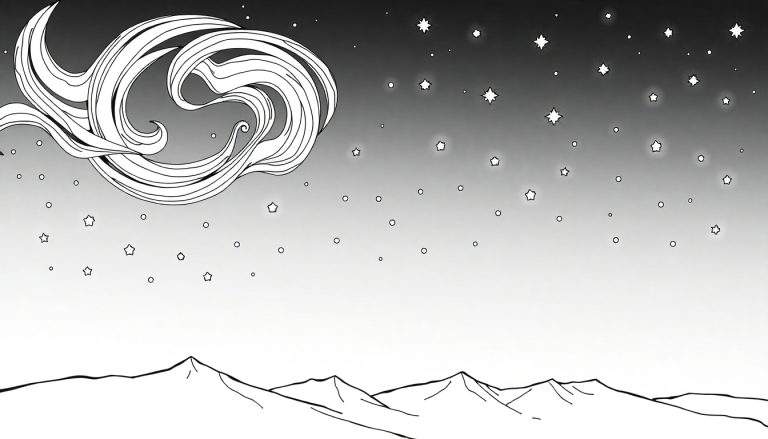 Paysage nocturne en noir et blanc avec des montagnes pointues, un ciel étoilé et un nuage stylisé, idéal pour un color panel.