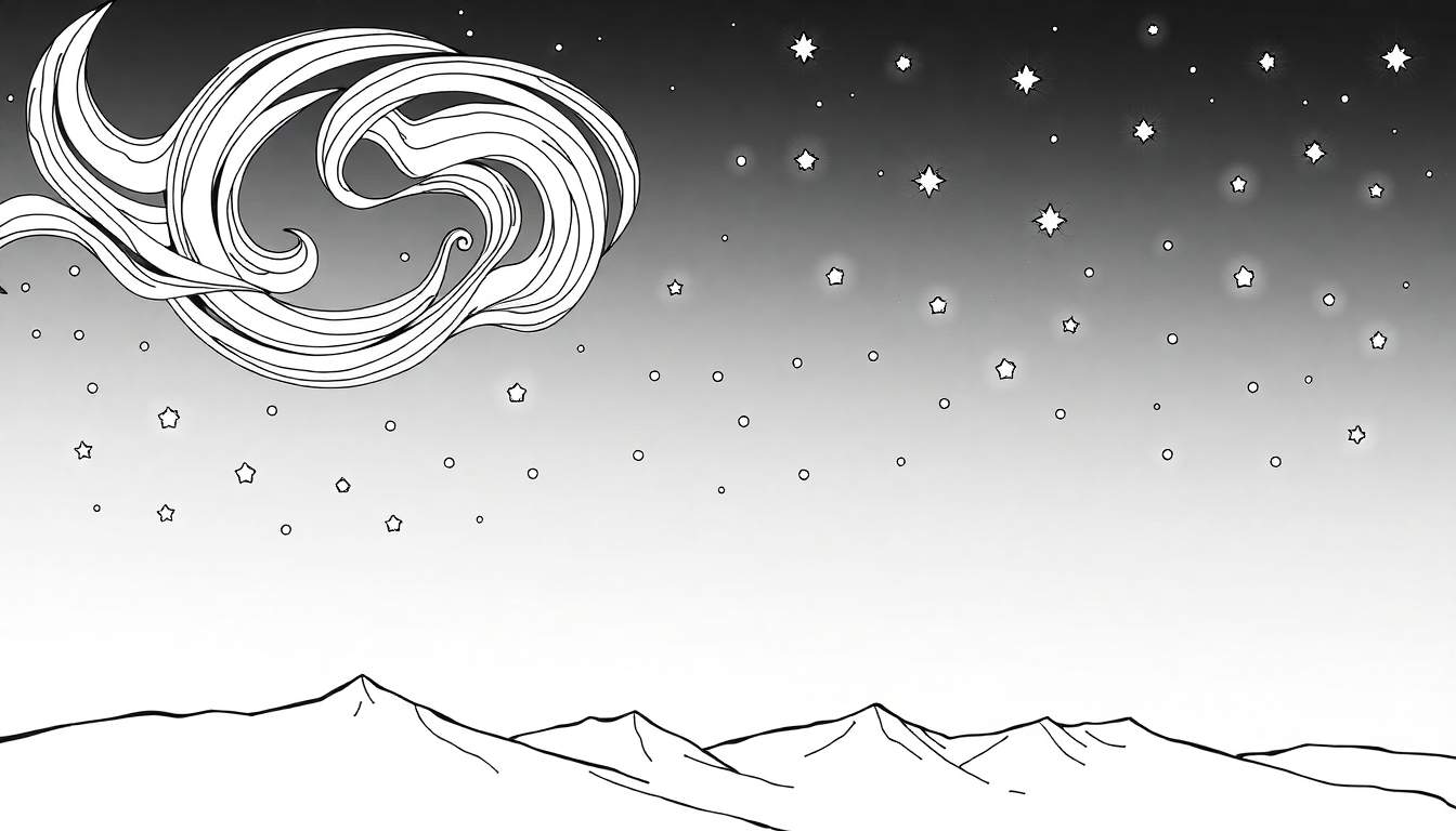 Paysage nocturne en noir et blanc avec des montagnes pointues, un ciel étoilé et un nuage stylisé, idéal pour un color panel.