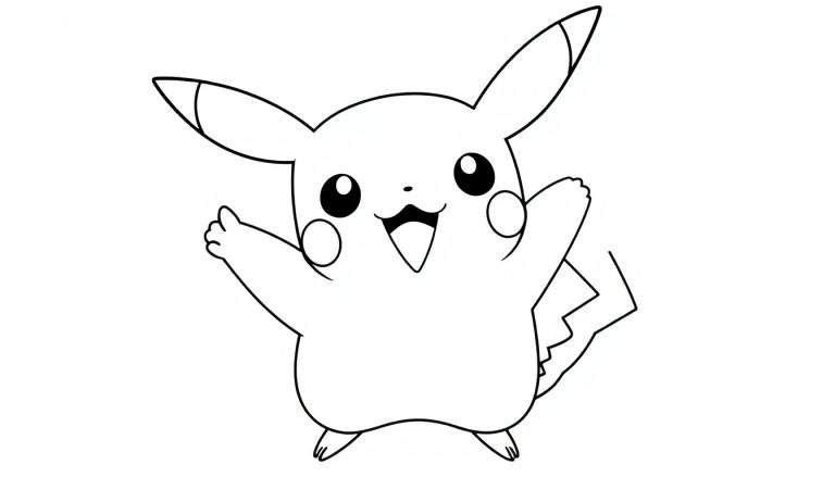 Un dessin au trait de Pikachu joyeux, les bras ouverts, prêt à être colorié.