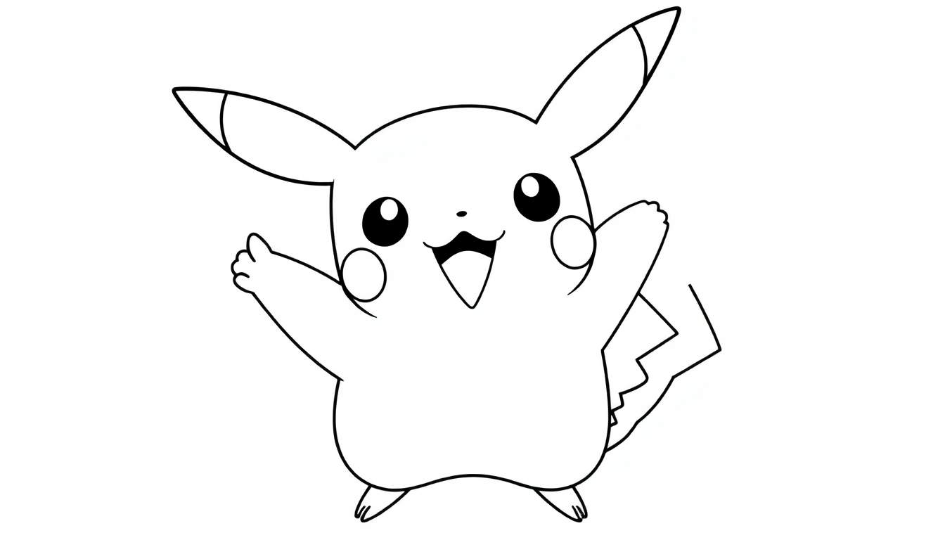 Un dessin au trait de Pikachu joyeux, les bras ouverts, prêt à être colorié.