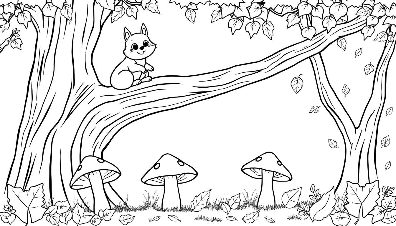 Une illustration en noir et blanc d'une scène forestière d'automne, conçue comme une coloriage pour enfants, montrant un écureuil sur une branche et des champignons au sol.