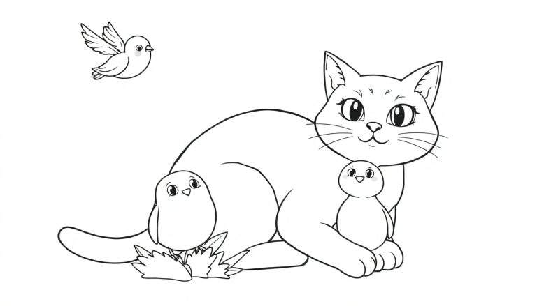 Un chat noir dessinant avec deux oiseaux perchés sur lui et un oiseau volant au-dessus dans ce color panel.