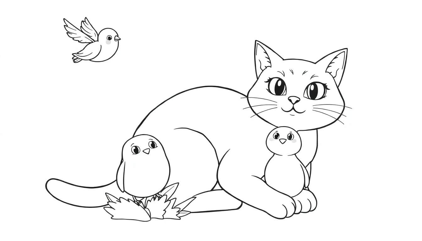Un chat noir dessinant avec deux oiseaux perchés sur lui et un oiseau volant au-dessus dans ce color panel.
