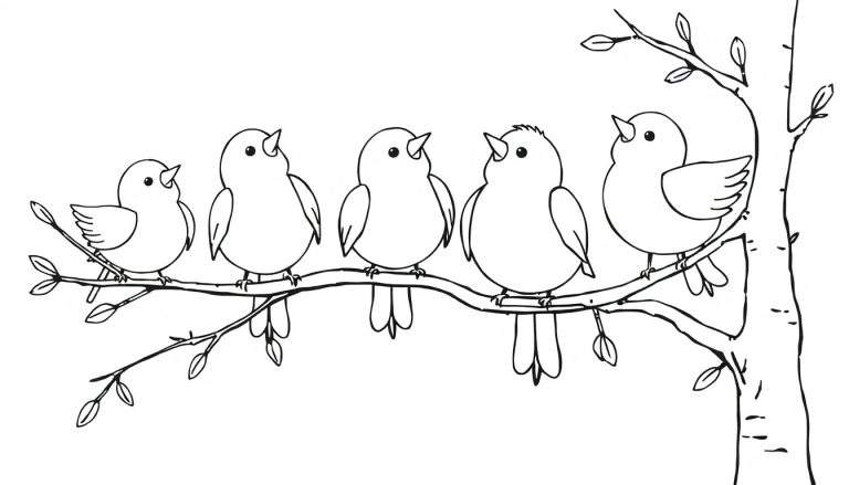 Cinq petits oiseaux dessinés sur une branche, attendant d'être colorisés.