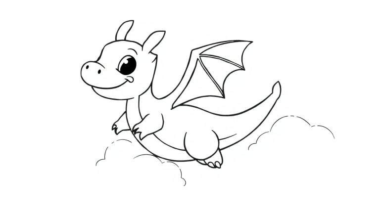 Un gentil dragon de dessin animé, Smaug, vole joyeusement à travers des nuages dans un dessin en noir et blanc pour un color panel.