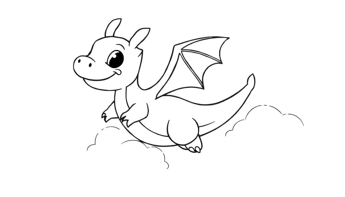 Un gentil dragon de dessin animé, Smaug, vole joyeusement à travers des nuages dans un dessin en noir et blanc pour un color panel.