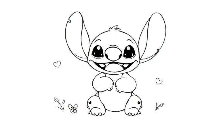 Un dessin au trait de Stitch souriant, tenant ses mains, entouré de cœurs et de plantes.