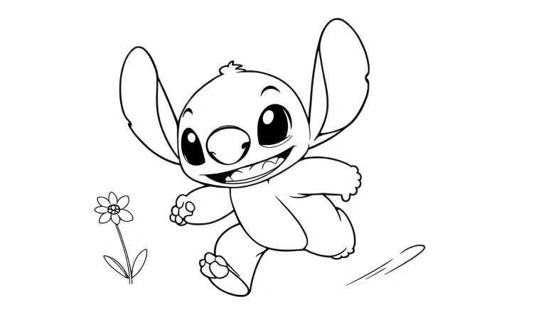 Dessin au trait de Stitch courant, souriant, avec une fleur, dans un color panel.