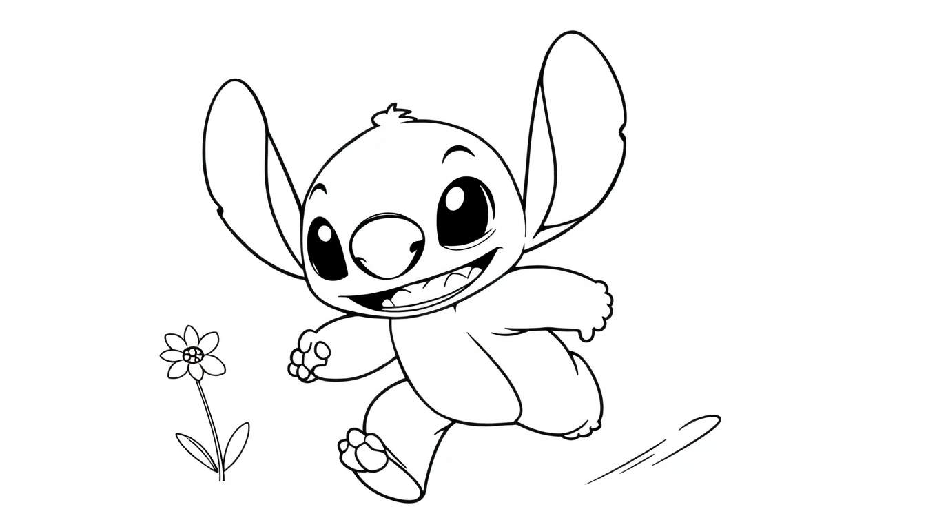 Dessin au trait de Stitch courant, souriant, avec une fleur, dans un color panel.