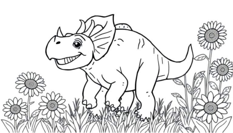 Un dessin au trait d'un jeune tricératops souriant, prêt à être colorisé dans un champ de tournesols.