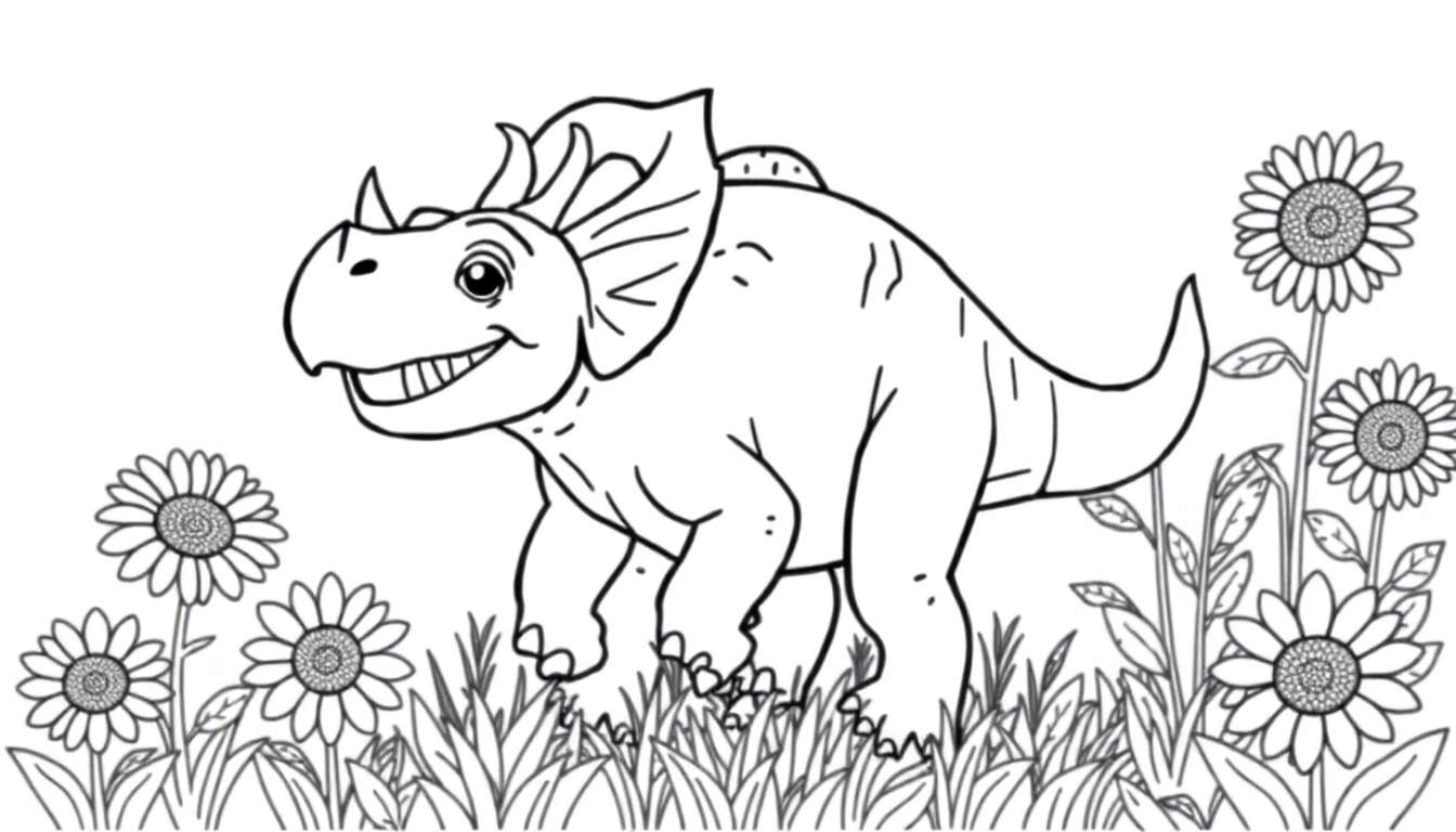 Un dessin au trait d'un jeune tricératops souriant, prêt à être colorisé dans un champ de tournesols.