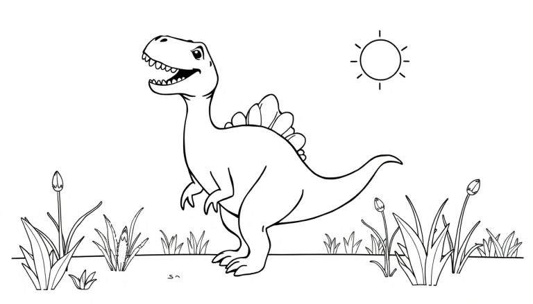 Un dinosaure vélociraptor avec une crête, prêt à être colorié, dans un paysage simple avec un soleil.