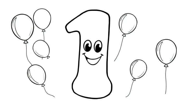 Un chiffre 1 souriant avec des ballons colorés, prêt à être coloré.