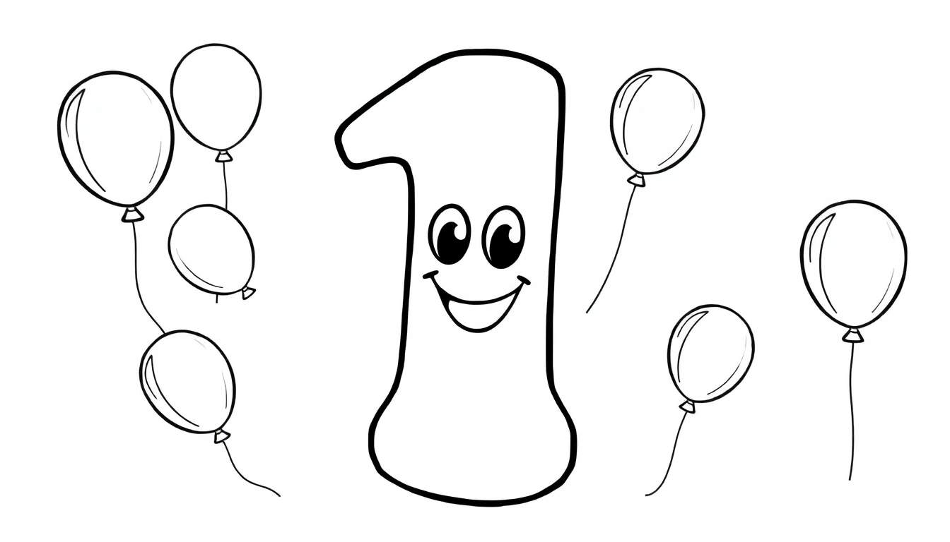 Un chiffre 1 souriant avec des ballons colorés, prêt à être coloré.